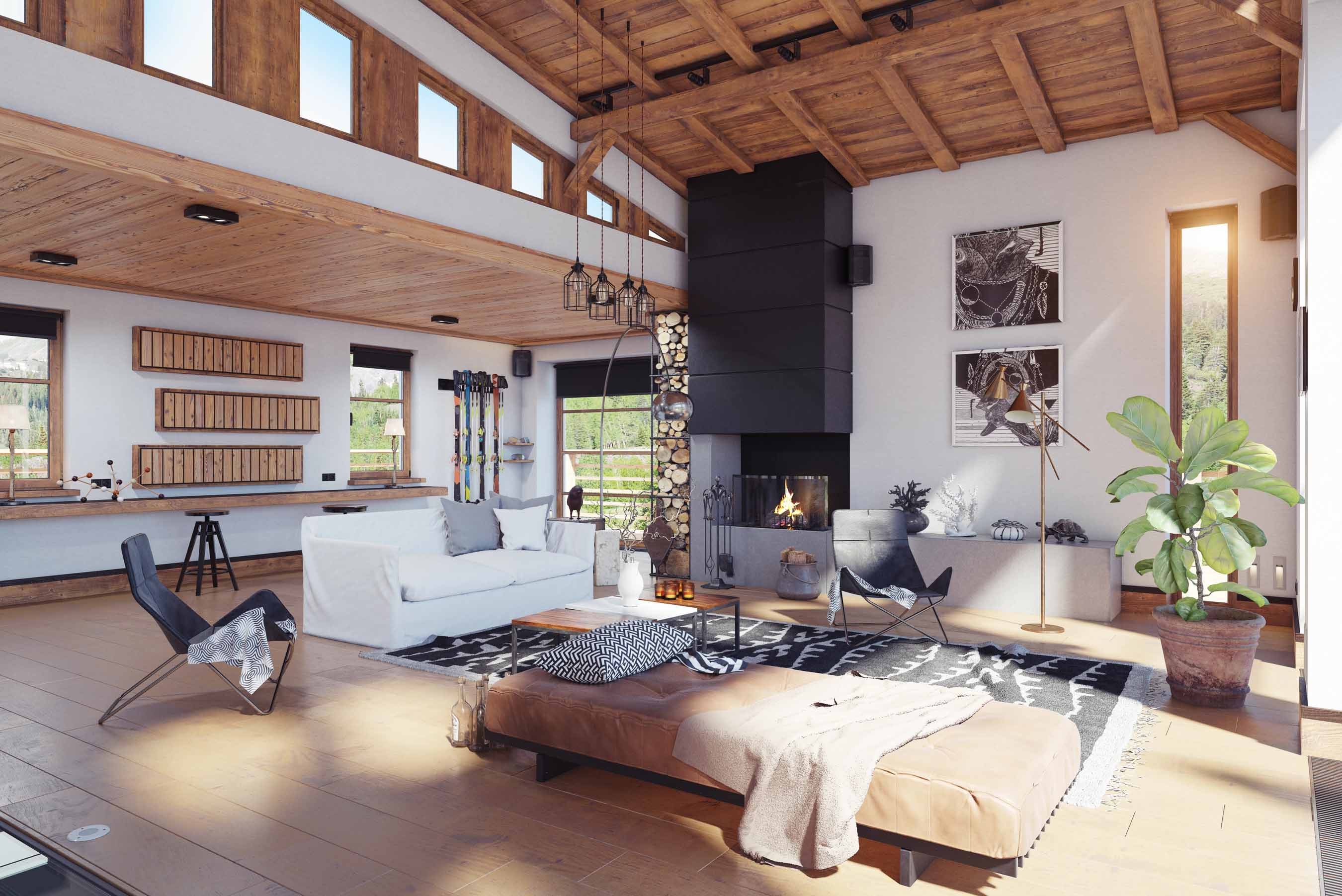 Salon de style chalet contemporain avec plafond en bois, cheminée noire et murs blancs